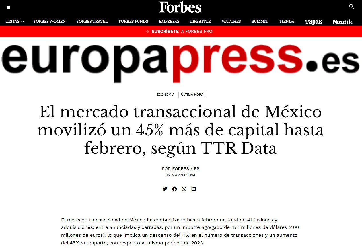 El mercado transaccional de Mxico moviliz un 45% ms de capital hasta febrero, segn TTR Data